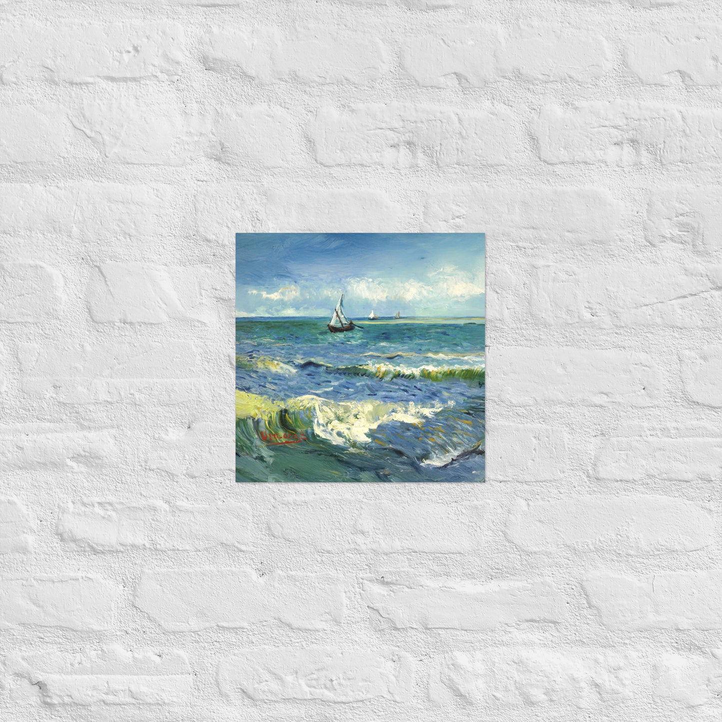 Van Gogh's 'The Sea at Les Saintes-Maries-de-la-Mer' on a 12"x12" unframed poster print on a white brick wall.