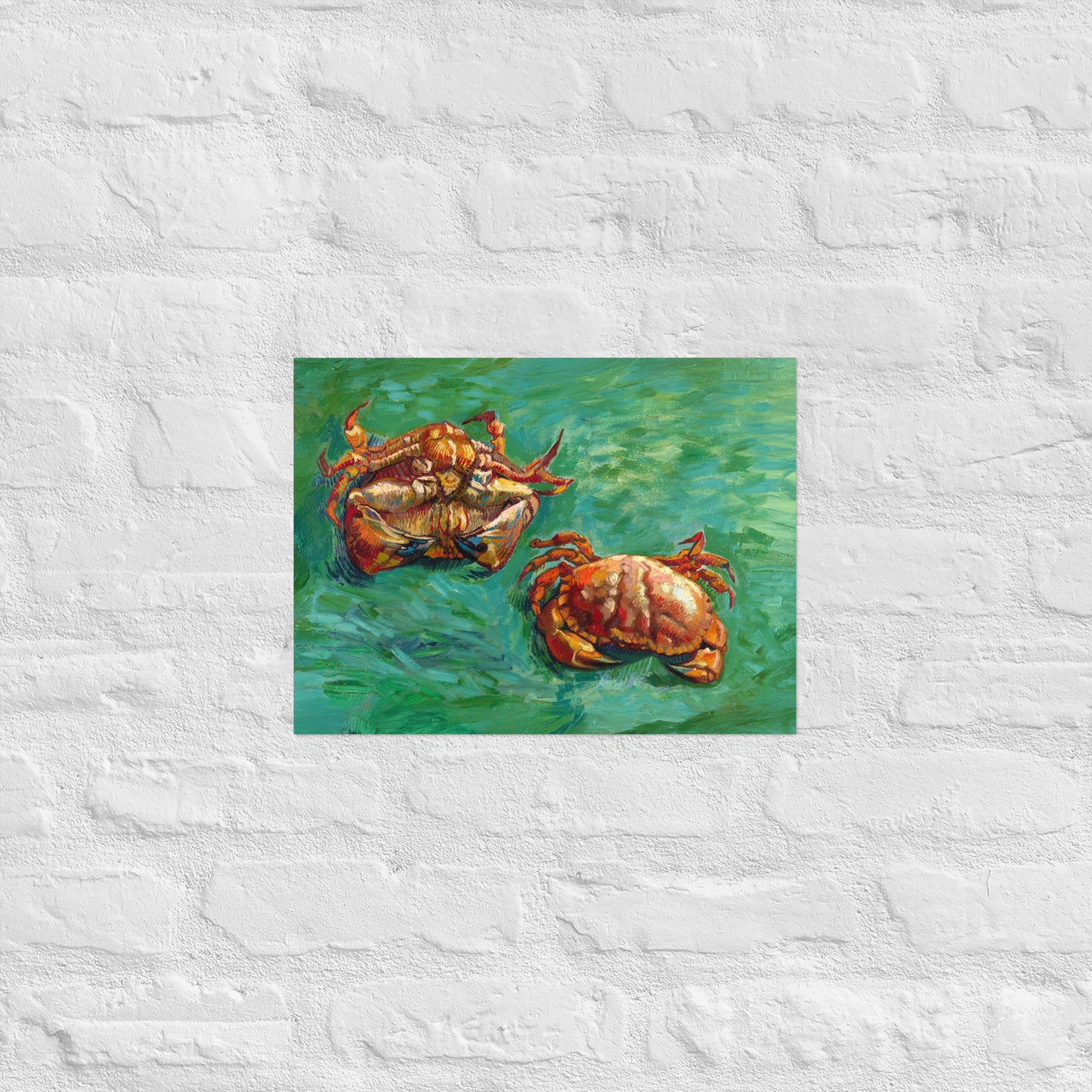 Van Gogh's 'Two Crabs' on a 12"x16" unframed poster print on a white brick wall.