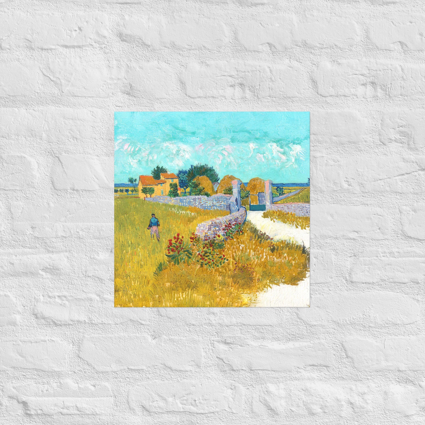 Van Gogh's 'Farmhouse in Provence' on a 16"x16" unframed poster print on a white brick wall.