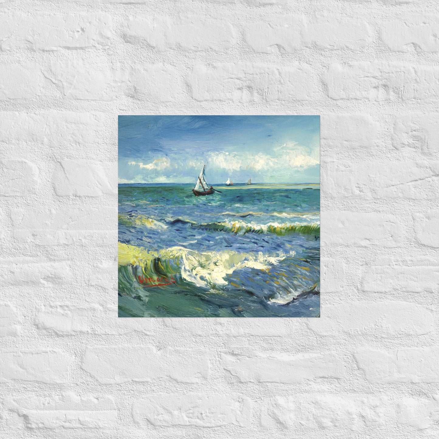 Van Gogh's 'The Sea at Les Saintes-Maries-de-la-Mer' on a 16"x16" unframed poster print on a white brick wall.