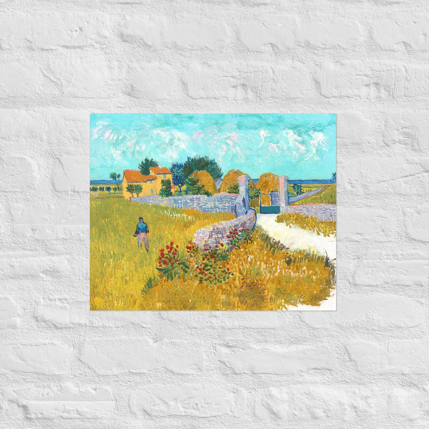 Van Gogh's 'Farmhouse in Provence' on a 16"x20" unframed poster print on a white brick wall.