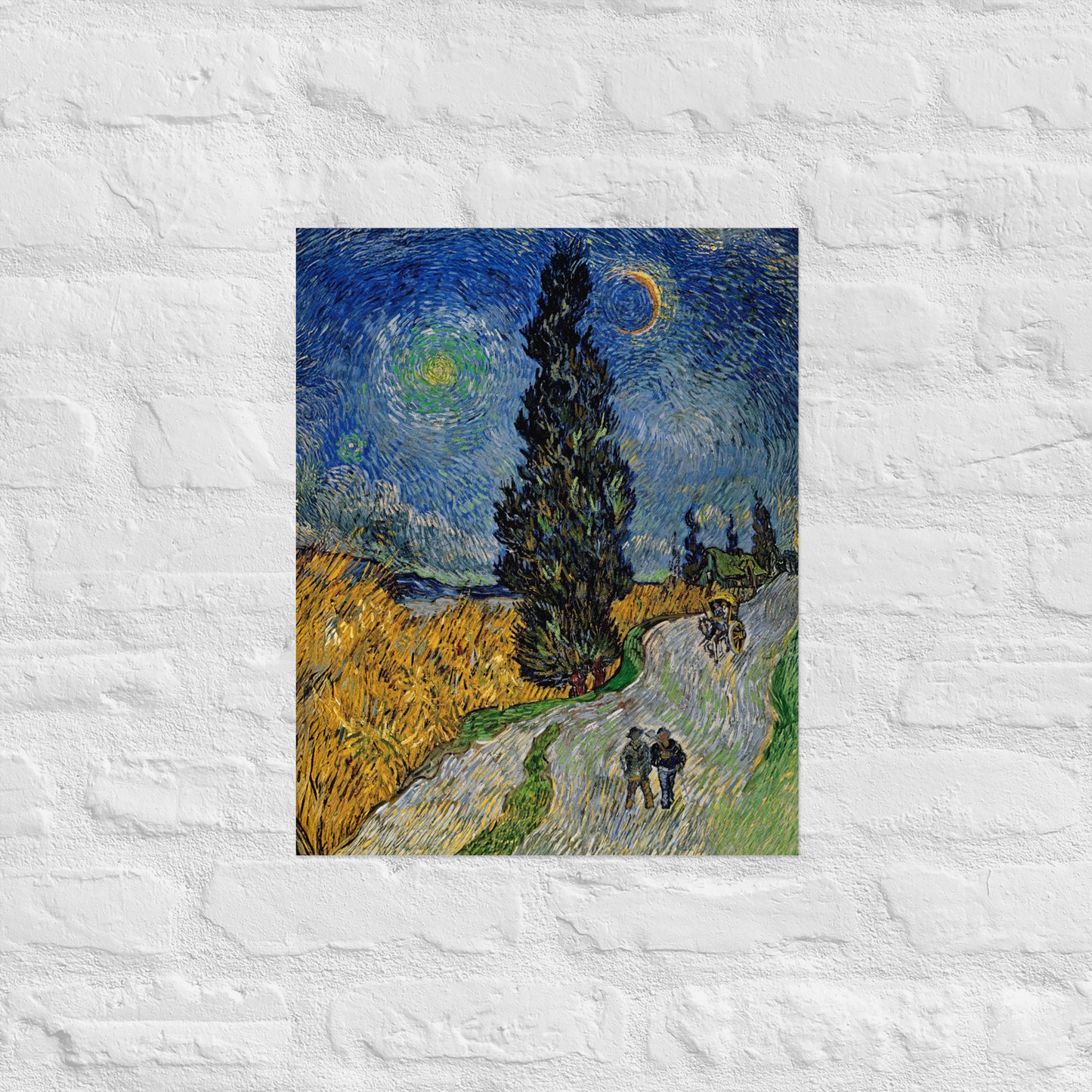 Van Gogh's 'Road with Cypress and Star' on a 16"x20" unframed poster print on a white brick wall.