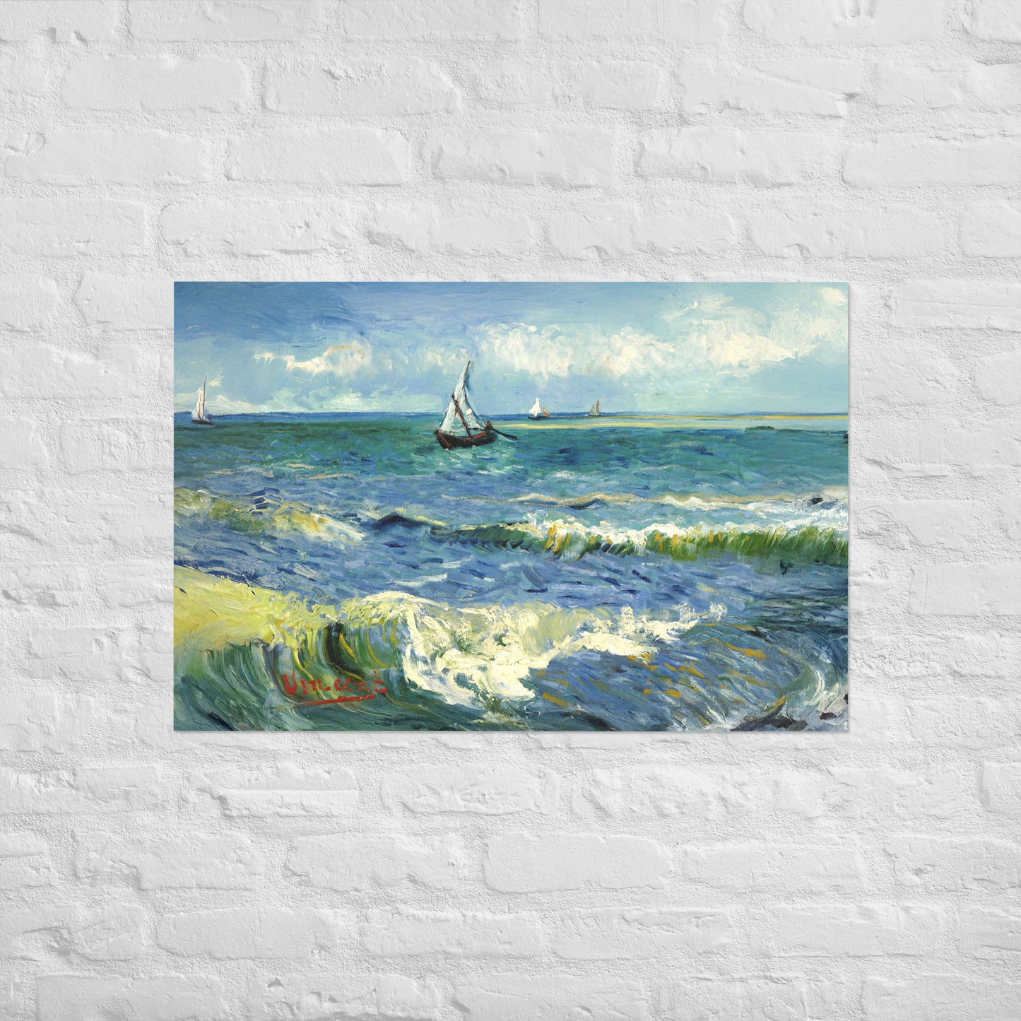 Van Gogh's 'The Sea at Les Saintes-Maries-de-la-Mer' on a 24"x36" unframed poster print on a white brick wall.