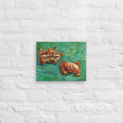 Van Gogh's 'Two Crabs' on a 11"x14" unframed canvas print on a white brick wall.