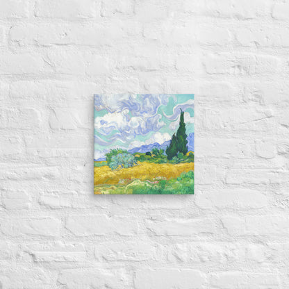 Van Gogh's 'Wheat Field with Cypresses' on a 12"x12" unframed canvas print on a white brick wall.