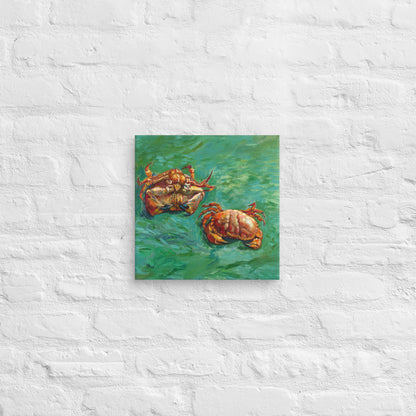 Van Gogh's 'Two Crabs' on a 12"x12" unframed canvas print on a white brick wall.