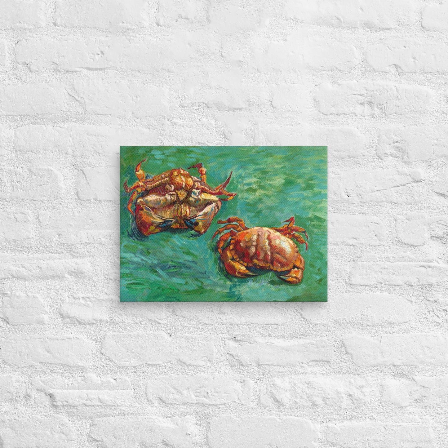 Van Gogh's 'Two Crabs' on a 12"x16" unframed canvas print on a white brick wall.