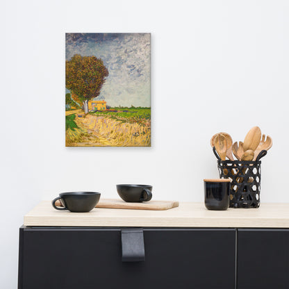 Van Gogh's 'A Lane near Arles' on a 12"x16" unframed canvas print on a white wall above a kitchen counter with cooking supplies.