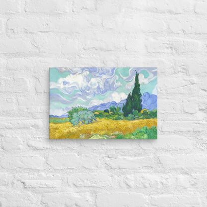 Van Gogh's 'Wheat Field with Cypresses' on a 12"x18" unframed canvas print on a white brick wall.