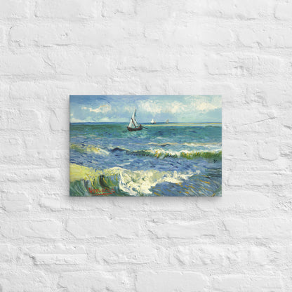 Van Gogh's 'The Sea at Les Saintes-Maries-de-la-Mer' on a 12"x18" unframed canvas print on a white brick wall.