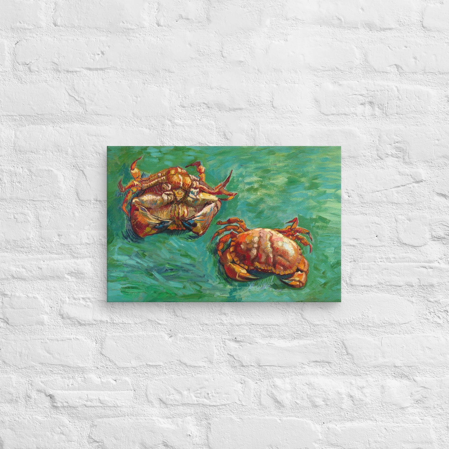 Van Gogh's 'Two Crabs' on a 12"x18" unframed canvas print on a white brick wall.