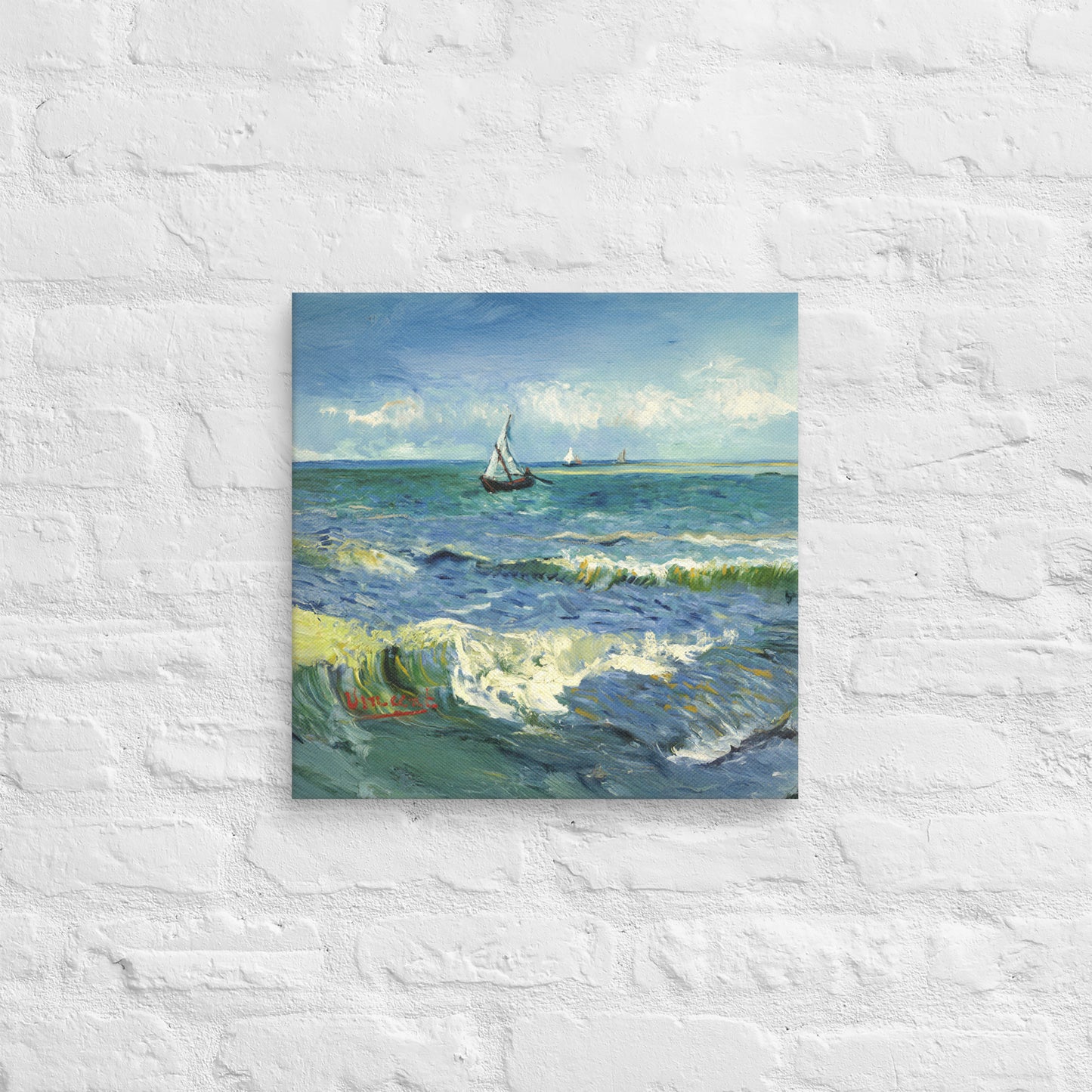 Van Gogh's 'The Sea at Les Saintes-Maries-de-la-Mer' on a 16"x16" unframed canvas print on a white brick wall.