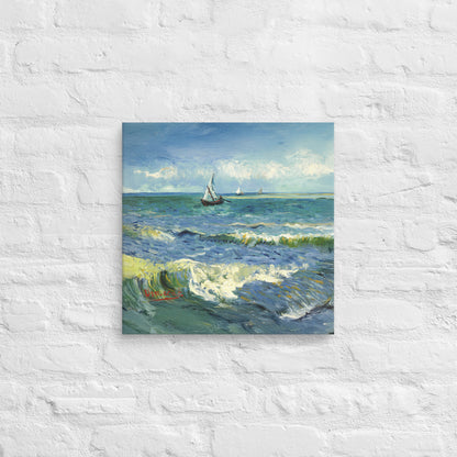 Van Gogh's 'The Sea at Les Saintes-Maries-de-la-Mer' on a 16"x16" unframed canvas print on a white brick wall.