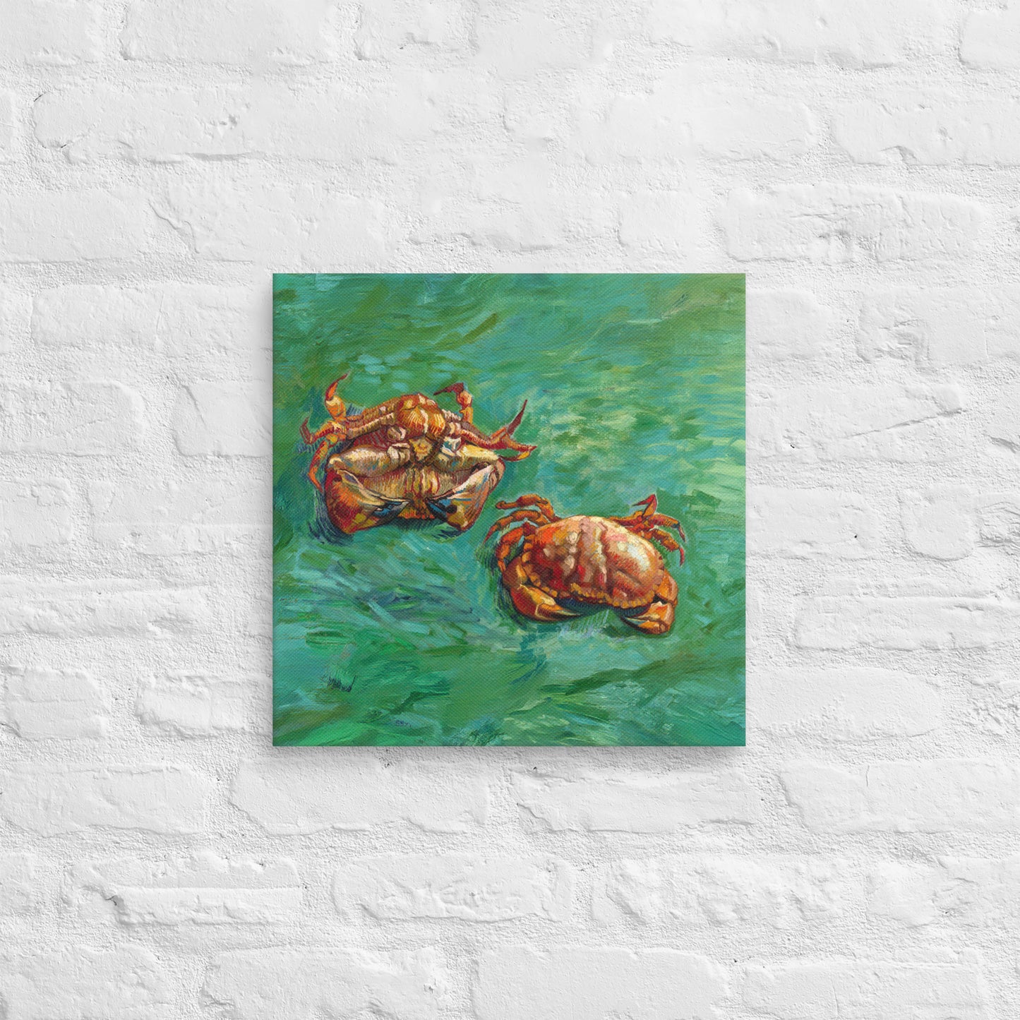 Van Gogh's 'Two Crabs' on a 16"x16" unframed canvas print on a white brick wall.