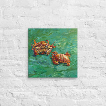 Van Gogh's 'Two Crabs' on a 16"x16" unframed canvas print on a white brick wall.