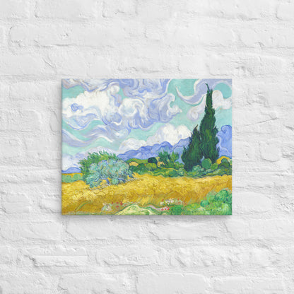 Van Gogh's 'Wheat Field with Cypresses' on a 16"x20" unframed canvas print on a white brick wall.