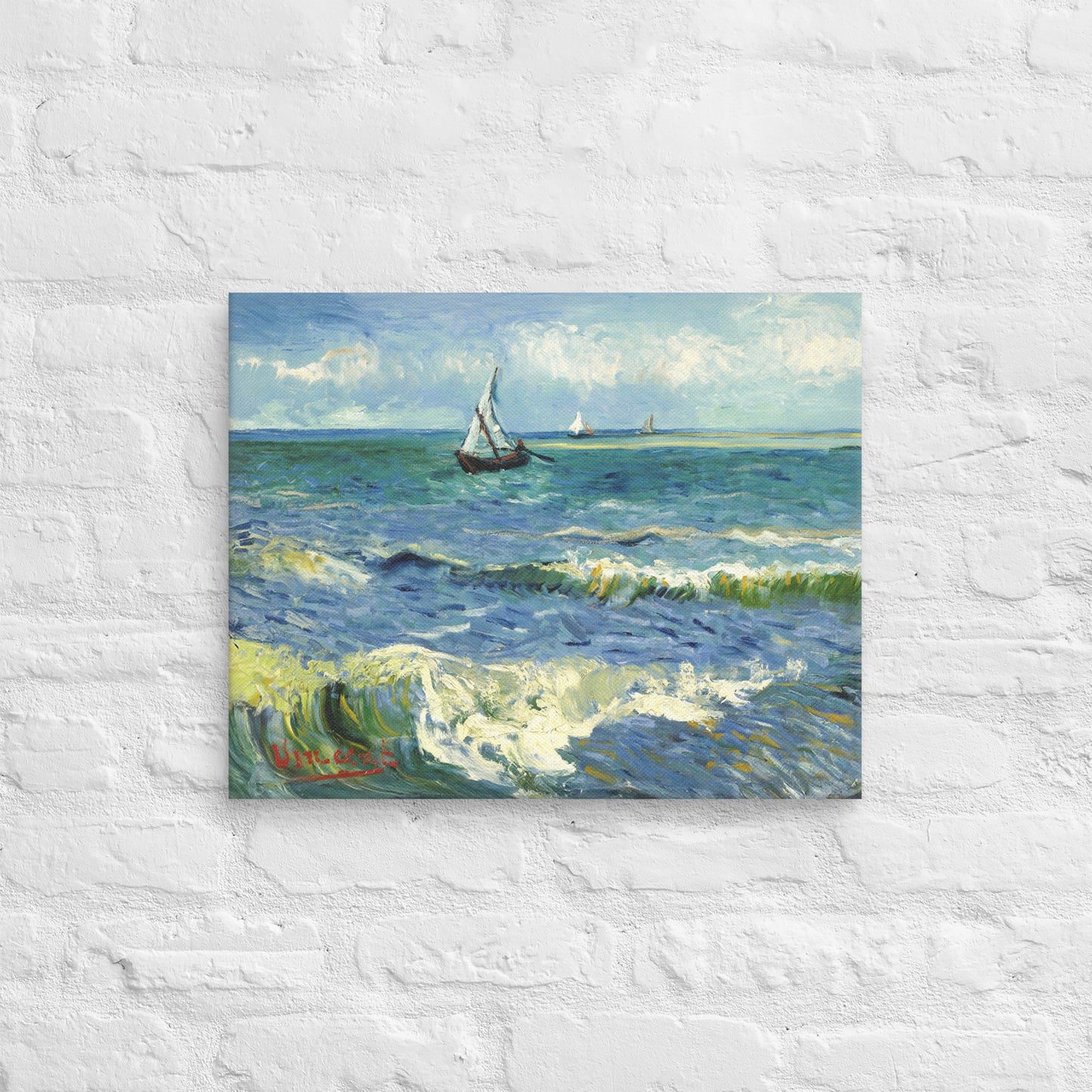 Van Gogh's 'The Sea at Les Saintes-Maries-de-la-Mer' on a 16"x20" unframed canvas print on a white brick wall.