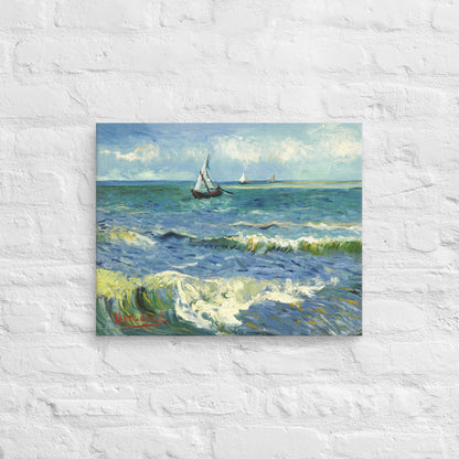 Van Gogh's 'The Sea at Les Saintes-Maries-de-la-Mer' on a 16"x20" unframed canvas print on a white brick wall.