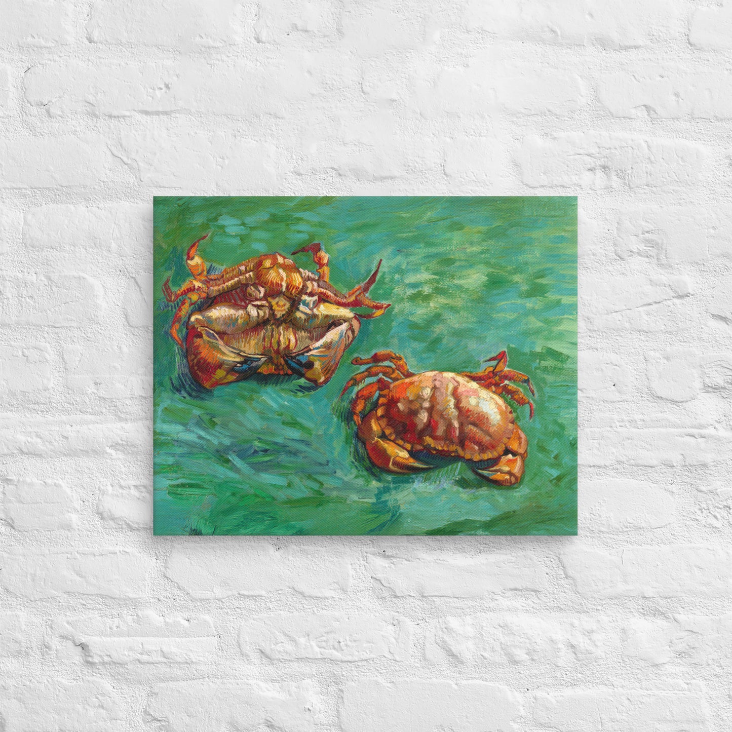 Van Gogh's 'Two Crabs' on a 16"x20" unframed canvas print on a white brick wall.
