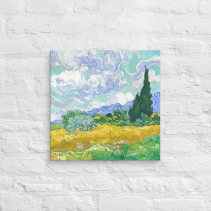 Van Gogh's 'Wheat Field with Cypresses' on a 18"x18" unframed canvas print on a white brick wall.