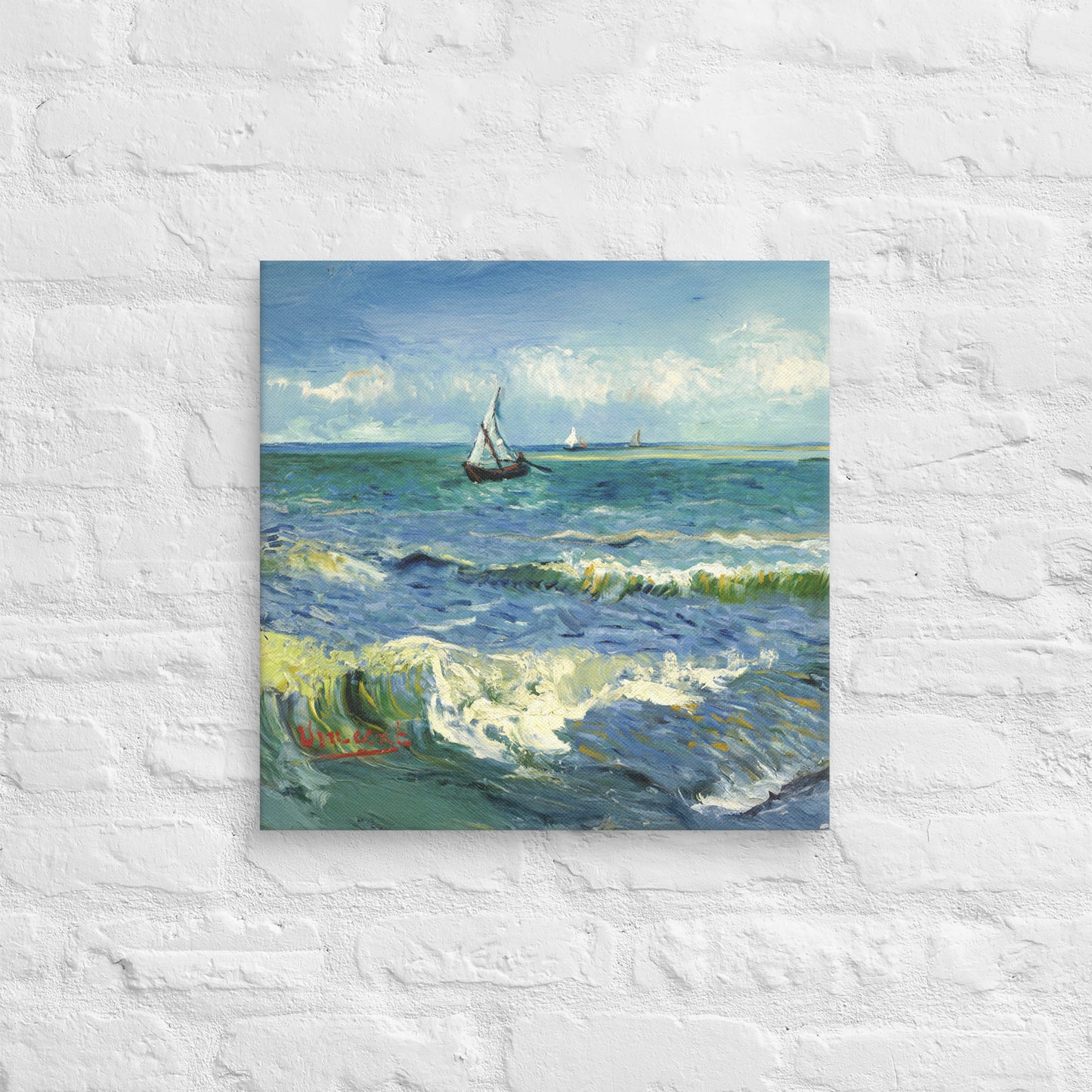 Van Gogh's 'The Sea at Les Saintes-Maries-de-la-Mer' on a 18"x18" unframed canvas print on a white brick wall.
