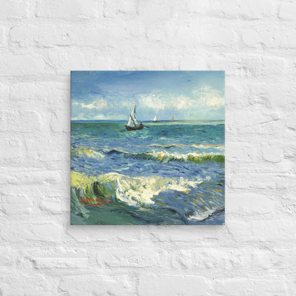 Van Gogh's 'The Sea at Les Saintes-Maries-de-la-Mer' on a 18"x18" unframed canvas print on a white brick wall.