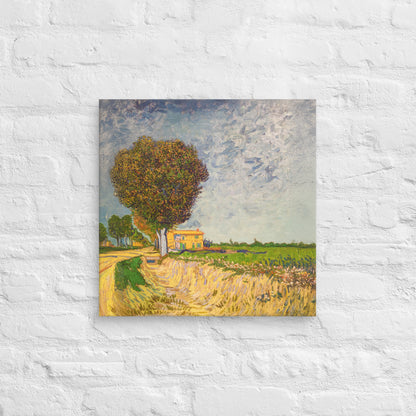 Van Gogh's 'A Lane near Arles' on a 18"x18" unframed canvas print on a white brick wall.