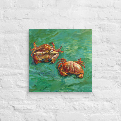 Van Gogh's 'Two Crabs' on a 18"x18" unframed canvas print on a white brick wall.