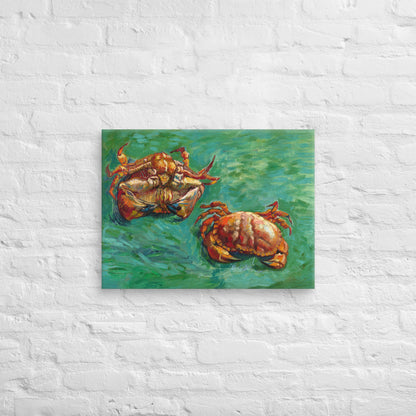 Van Gogh's 'Two Crabs' on a 18"x24" unframed canvas print on a white brick wall.