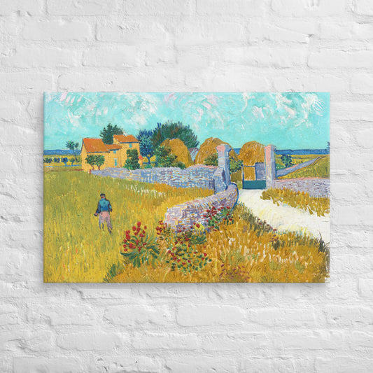 Van Gogh's 'Farmhouse in Provence' on a 24"x36" unframed canvas print on a white brick wall.