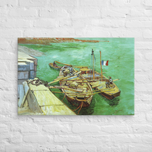 Van Gogh's 'Quay with Men Unloading Sand Barges' on a 24"x36" unframed canvas print on a white brick wall.