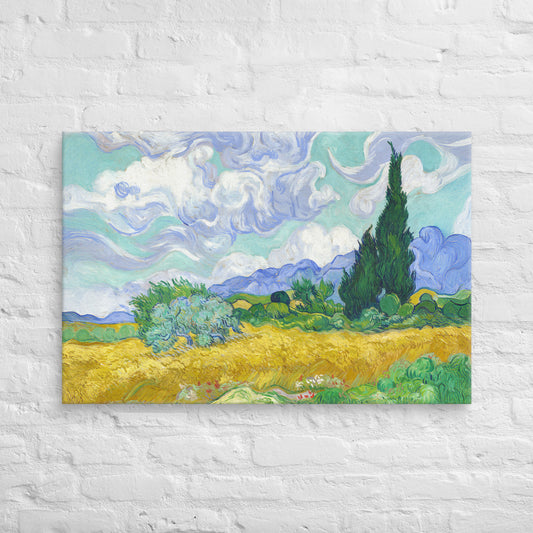 Van Gogh's 'Wheat Field with Cypresses' on a 24"x36" unframed canvas print on a white brick wall.