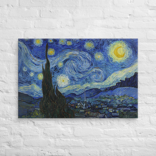 Van Gogh's 'Starry Night' on a 24"x36" unframed canvas print on a white brick wall.