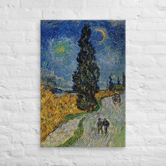 Van Gogh's 'Road with Cypress and Star' on a 24"x36" unframed canvas print on a white brick wall.
