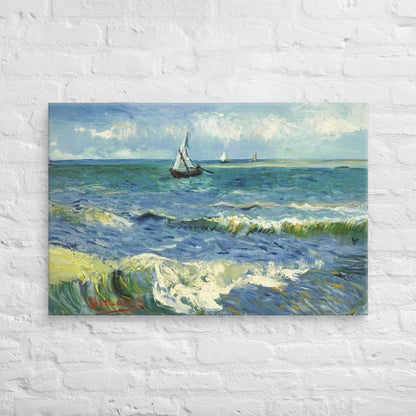 Van Gogh's 'The Sea at Les Saintes-Maries-de-la-Mer' on a 24"x36" unframed canvas print on a white brick wall.