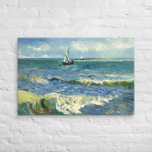 Van Gogh's 'The Sea at Les Saintes-Maries-de-la-Mer' on a 24"x36" unframed canvas print on a white brick wall.