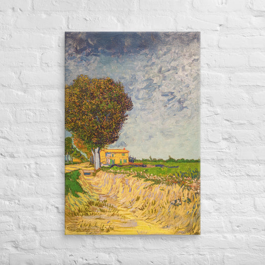 Van Gogh's 'A Lane near Arles' on a 24"x36" unframed canvas print on a white brick wall.
