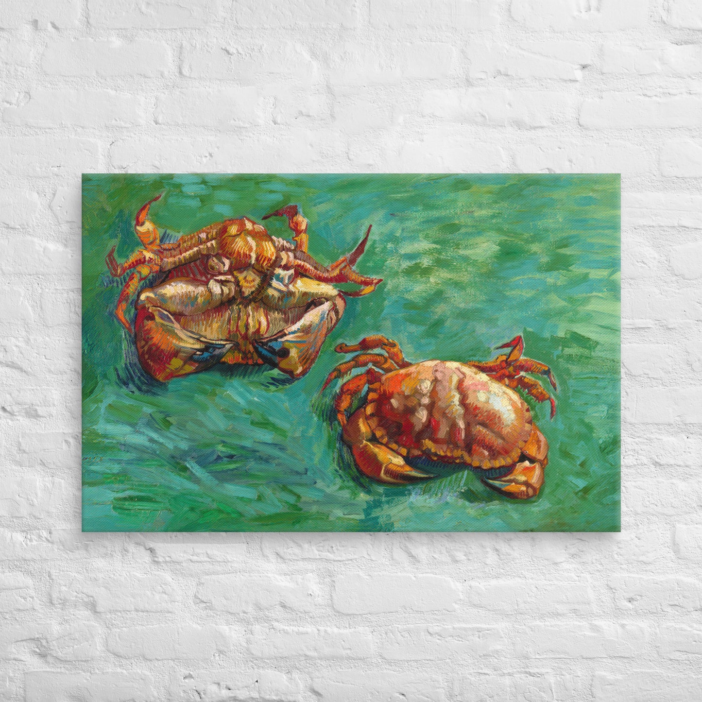 Van Gogh's 'Two Crabs' on a 24"x36" unframed canvas print on a white brick wall.