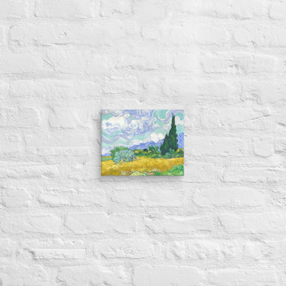 Van Gogh's 'Wheat Field with Cypresses' on a 8"x10" unframed canvas print on a white brick wall.