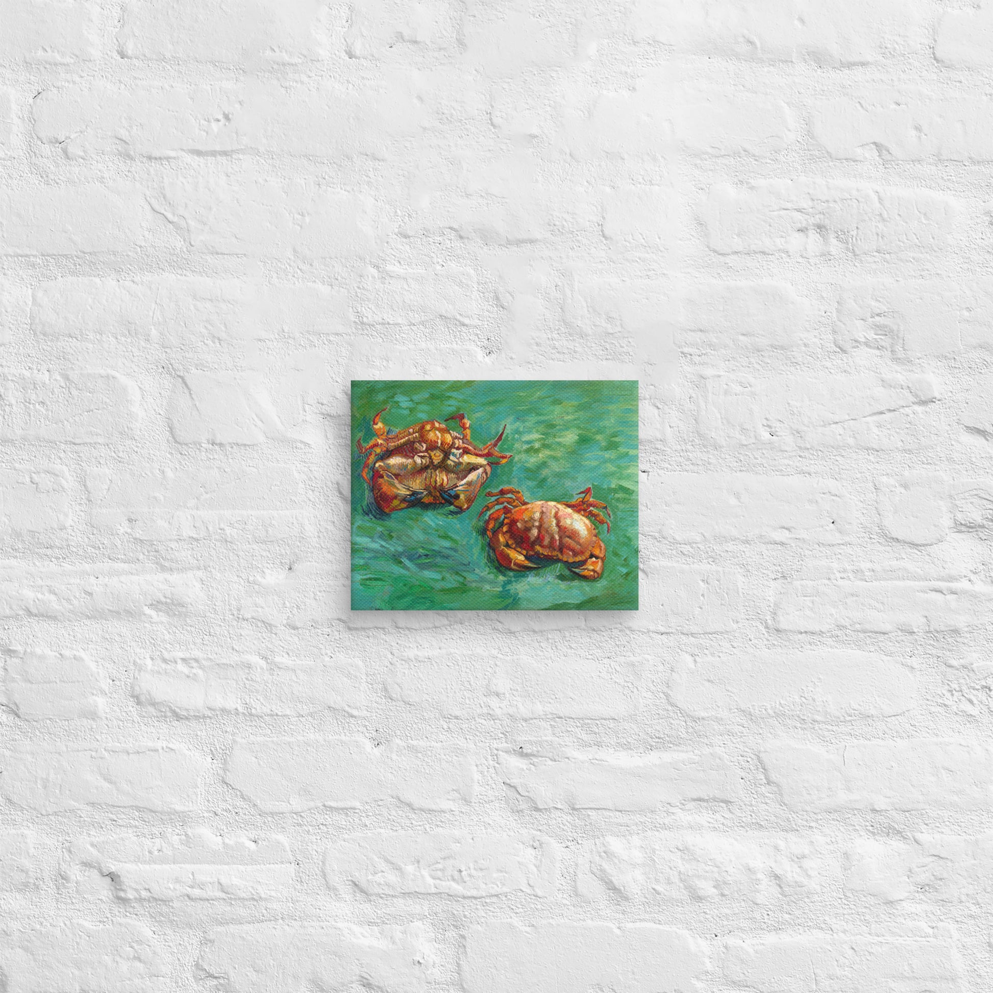 Van Gogh's 'Two Crabs' on a 8"x10" unframed canvas print on a white brick wall.