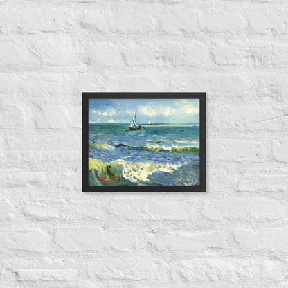 Van Gogh's 'The Sea at Les Saintes-Maries-de-la-Mer' on a 11"x14" black framed poster print on a white brick wall.