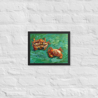 Van Gogh's 'Two Crabs' on a 11"x14" black framed poster print on a white brick wall.