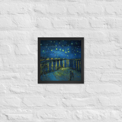 Van Gogh's 'Starry Night Over the Rhone' on a 12"x12" black framed poster print on a white brick wall.
