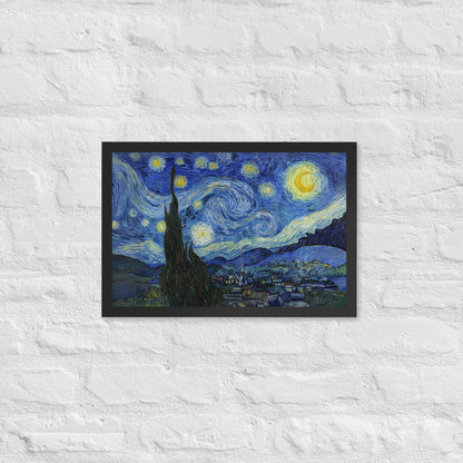 Van Gogh's 'Starry Night' on a 12"x18" black framed poster print on a white brick wall.