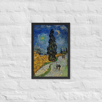 Van Gogh's 'Road with Cypress and Star' on a 12"x18" black framed poster print on a white brick wall.