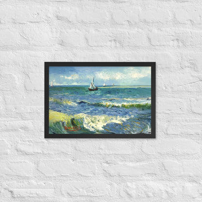 Van Gogh's 'The Sea at Les Saintes-Maries-de-la-Mer' on a 12"x18" black framed poster print on a white brick wall.