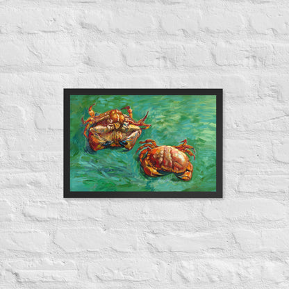Van Gogh's 'Two Crabs' on a 12"x18" black framed poster print on a white brick wall.