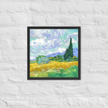 Van Gogh's 'Wheat Field with Cypresses' on a 16"x16" black framed poster print on a white brick wall.