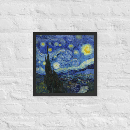 Van Gogh's 'Starry Night' on a 16"x16" black framed poster print on a white brick wall.