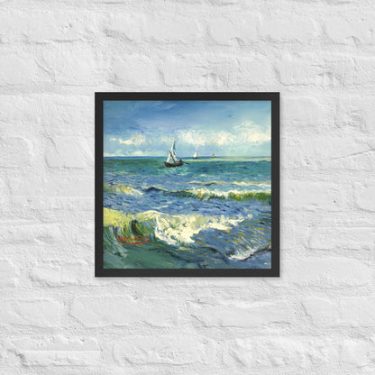 Van Gogh's 'The Sea at Les Saintes-Maries-de-la-Mer' on a 16"x16" black framed poster print on a white brick wall.